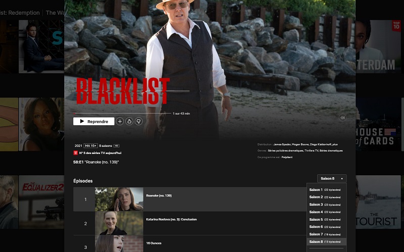 Comment voir Blacklist saison 7 et 8 sur Netflix en France ?