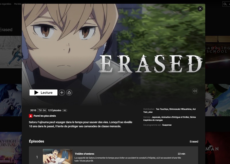 Comment regarder la série animé Erased (2016) sur Netflix en France ?