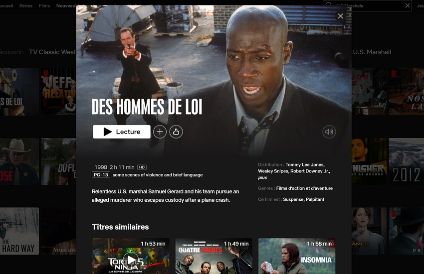 Comment regarder le film US Marshals (1998) sur Netflix en France ?